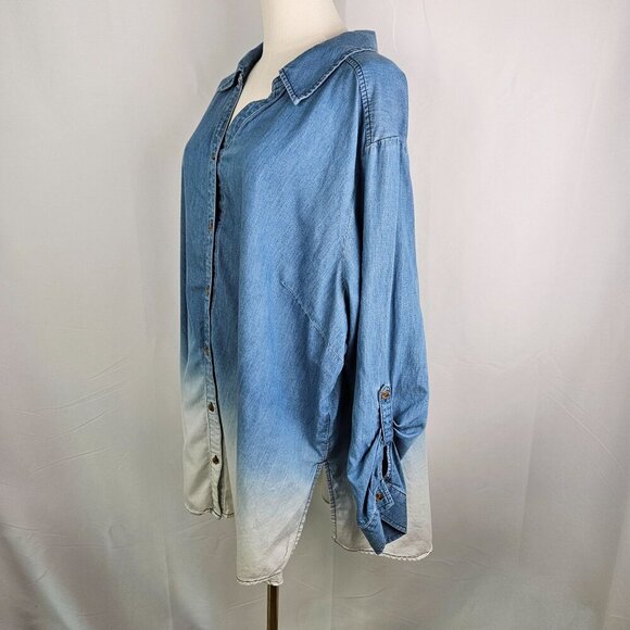 Susan Graver Denim Ombre Gradient Button-Down Shirt 3XP Blue White Long Sleeve - Picture 4 of 12